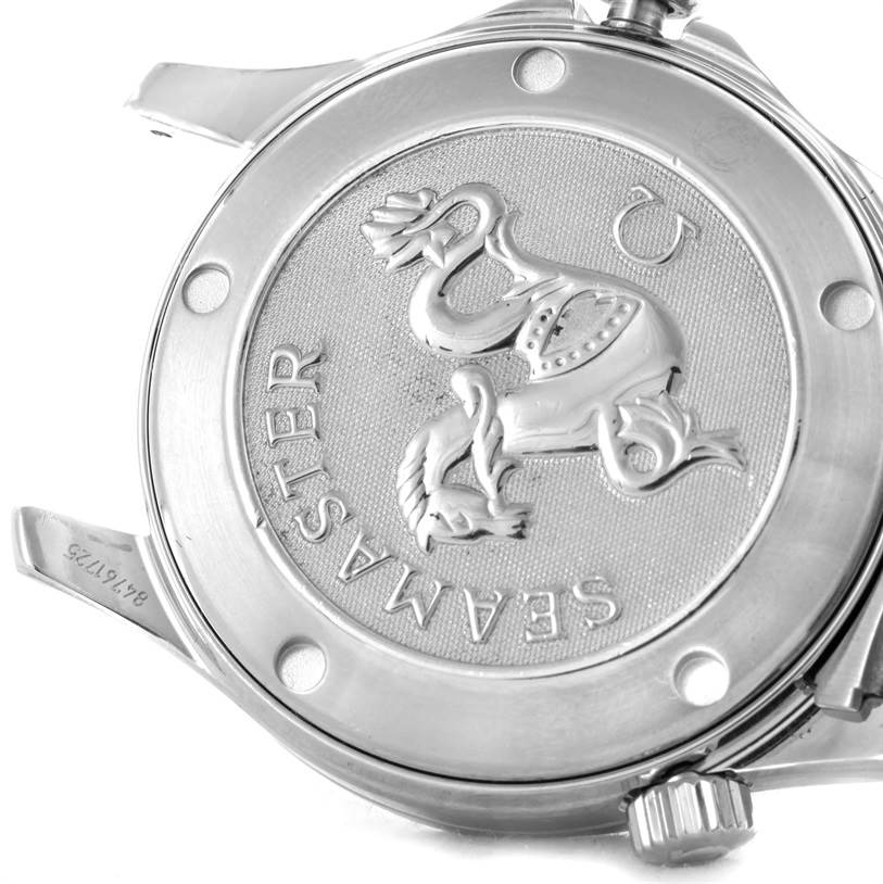 The image shows the back casing of the Omega Seamaster 2222.80.00 Men
s Stainless Steel Blue Dial 2222.80.00 Men
s Stainless Steel Blue Dial watch featuring the engraved design and model name.