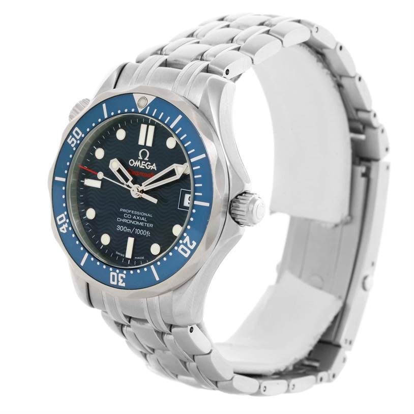 The Omega Seamaster 2222.80.00 Men
s Stainless Steel Blue Dial 2222.80.00 Men
s Stainless Steel Blue Dial watch is shown at a side angle, displaying the face, bezel, crown, and metal bracelet.