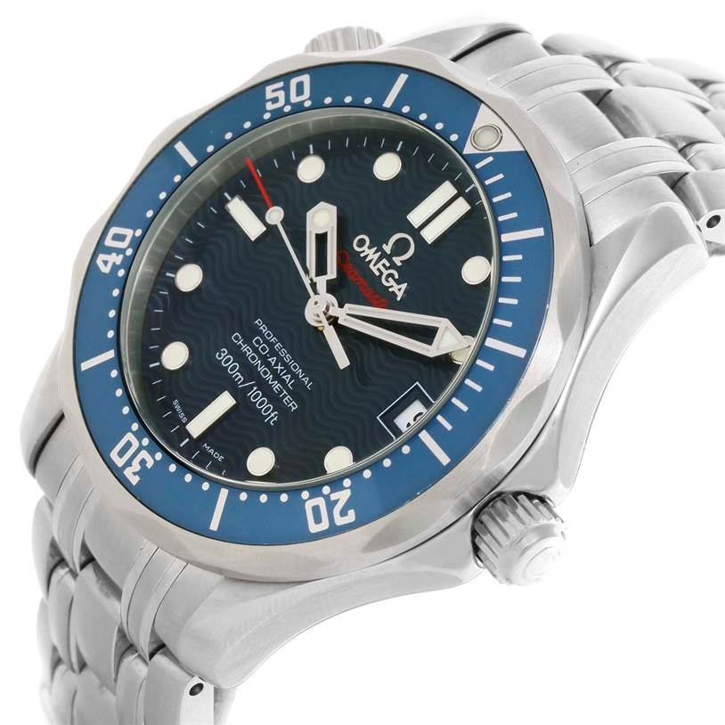 The image shows a side angle of the Omega Seamaster 2222.80.00 Men
s Stainless Steel Blue Dial 2222.80.00 Men
s Stainless Steel Blue Dial watch, highlighting the face, bezel, crown, and part of the bracelet.