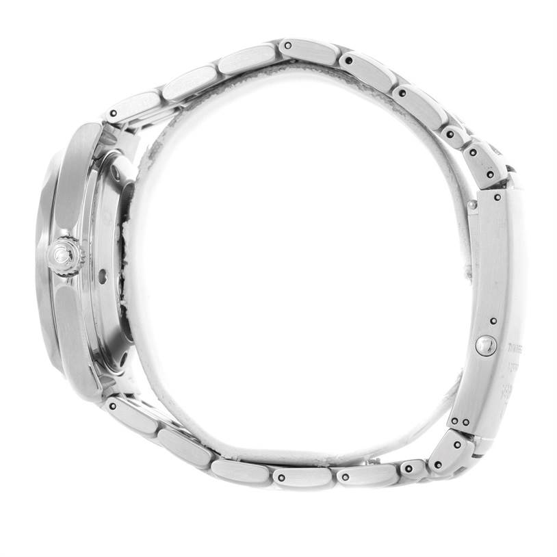 The image shows a side view of the Omega Seamaster 2222.80.00 Men
s Stainless Steel Blue Dial 2222.80.00 Men
s Stainless Steel Blue Dial watch, highlighting its case, crown, and metal bracelet.