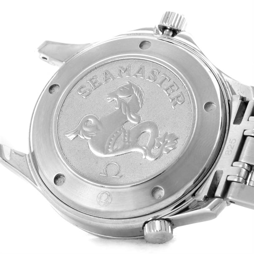 The image shows the back case of an Omega Seamaster 2220.80.00 Men
s Stainless Steel Blue Dial 2220.80.00 Men
s Stainless Steel Blue Dial watch, featuring the engraved emblem and text.