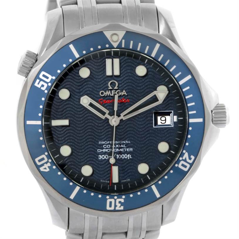 The image shows a front view of the Omega Seamaster 2220.80.00 Men
s Stainless Steel Blue Dial 2220.80.00 Men
s Stainless Steel Blue Dial watch, displaying the bezel, dial, hands, date window, and part of the bracelet.