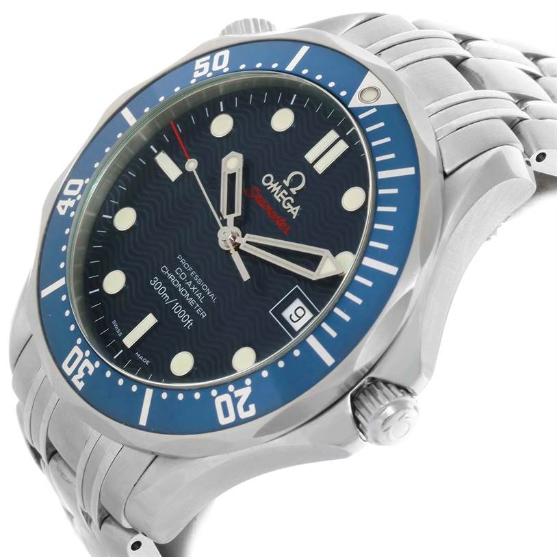 The image displays a close-up side angle of the Omega Seamaster 2220.80.00 Men
s Stainless Steel Blue Dial 2220.80.00 Men
s Stainless Steel Blue Dial watch, showcasing the dial, bezel, crown, and part of the stainless steel bracelet.