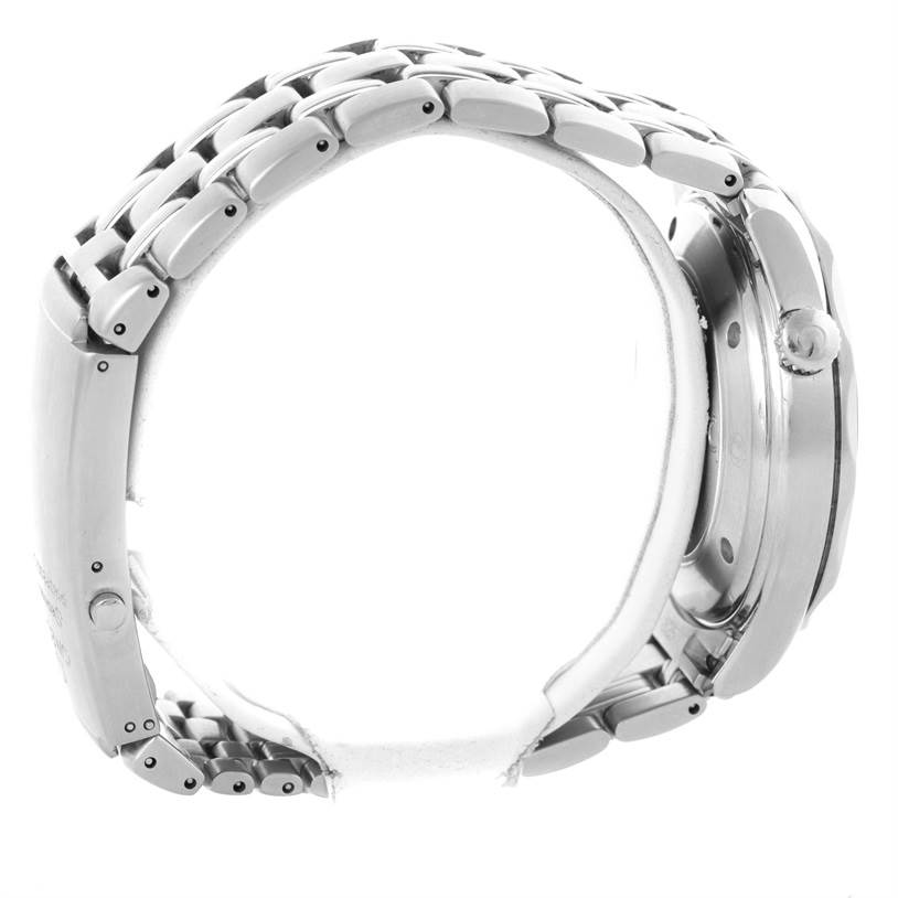 This image shows a side view of the Omega Seamaster 2220.80.00 Men
s Stainless Steel Blue Dial 2220.80.00 Men
s Stainless Steel Blue Dial watch, highlighting the bracelet and watch case with the crown visible.