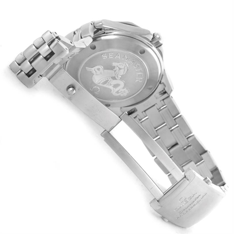 The image shows the case back and partially opened clasp of the Omega Seamaster 2220.80.00 Men
s Stainless Steel Blue Dial 2220.80.00 Men
s Stainless Steel Blue Dial watch from a rear angle.