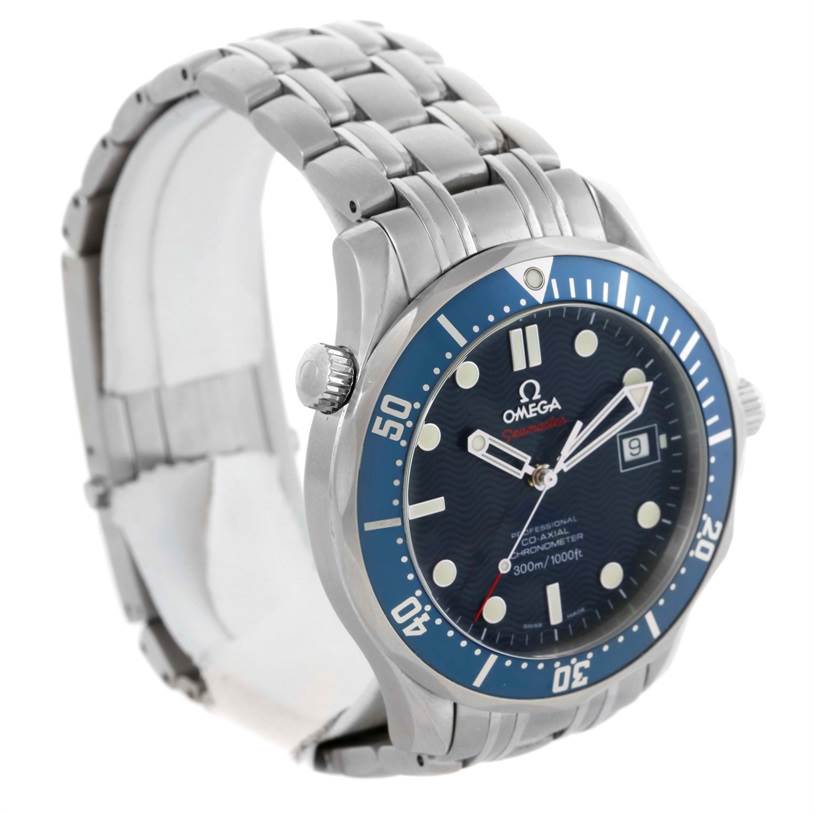 The image shows a side-angle view of an Omega Seamaster 2220.80.00 Men
s Stainless Steel Blue Dial 2220.80.00 Men
s Stainless Steel Blue Dial watch, highlighting the bezel, face, and metal bracelet.