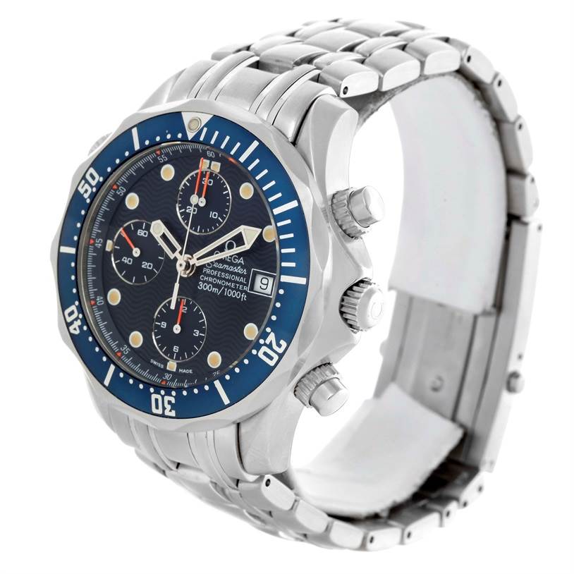 The image shows an Omega Seamaster 2599.80.00 Men
s Stainless Steel Blue Dial 2599.80.00 Men
s Stainless Steel Blue Dial watch angled to display the face, bezel, crown, pushers, and part of the bracelet.