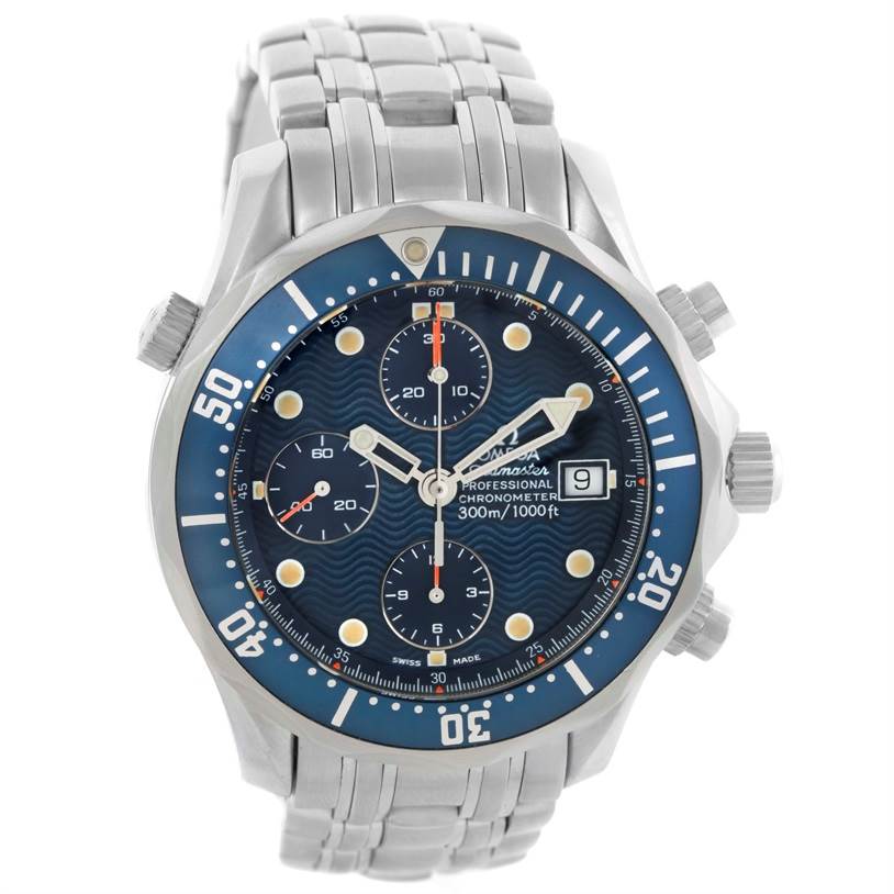 This Omega Seamaster 2599.80.00 Men
s Stainless Steel Blue Dial 2599.80.00 Men
s Stainless Steel Blue Dial watch is shown from the front, displaying its dial, bezel, and stainless steel bracelet.