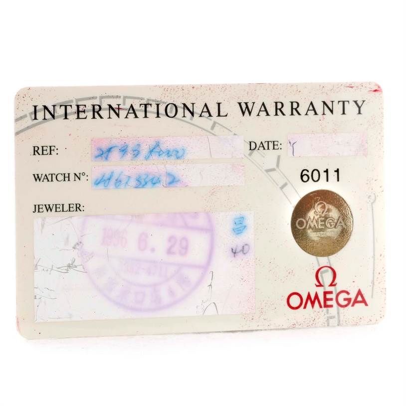 This is an Omega Seamaster 2599.80.00 Men
s Stainless Steel Blue Dial 2599.80.00 Men
s Stainless Steel Blue Dial International Warranty card, shown from the front.