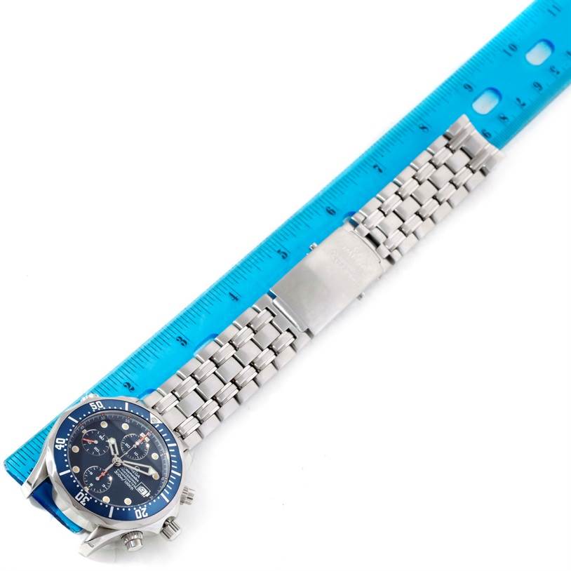 The Omega Seamaster 2599.80.00 Men
s Stainless Steel Blue Dial 2599.80.00 Men
s Stainless Steel Blue Dial watch is shown from a top-down angle, featuring the watch face, bezel, and metal bracelet with a clasp.