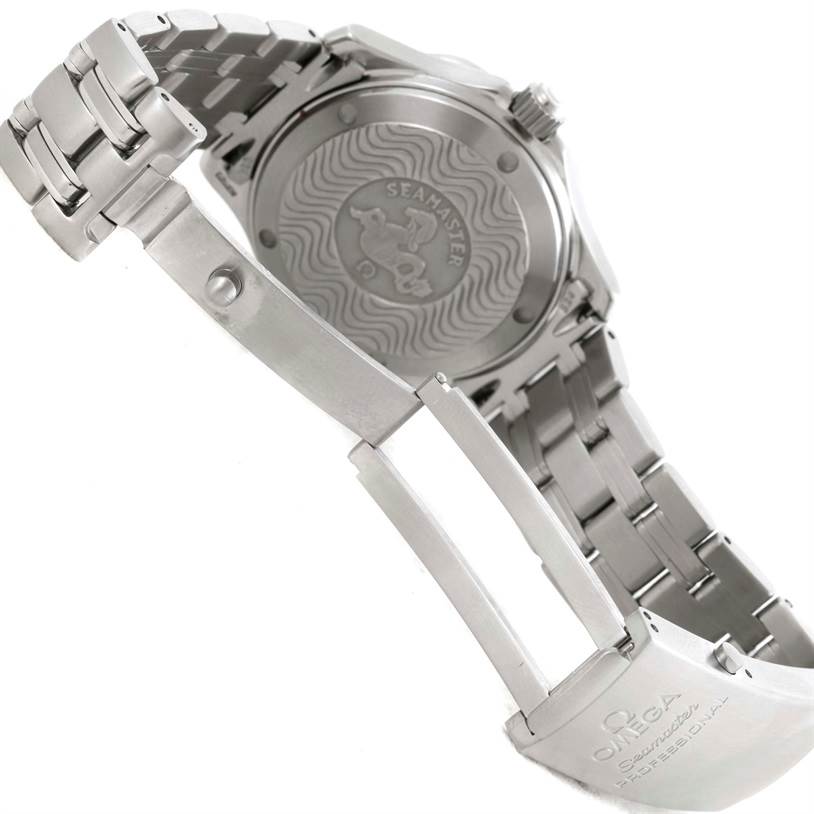 The image shows the back case and partially open metal bracelet clasp of an Omega Seamaster 2053.80.00 Men
s Stainless Steel Blue Dial 2053.80.00 Men
s Stainless Steel Blue Dial watch.