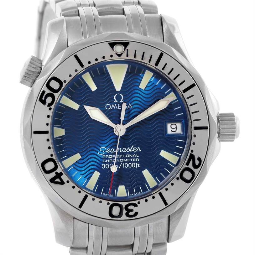 The Omega Seamaster 2053.80.00 Men
s Stainless Steel Blue Dial 2053.80.00 Men
s Stainless Steel Blue Dial watch is shown from a front angle, displaying its bezel, dial, hands, and date window.