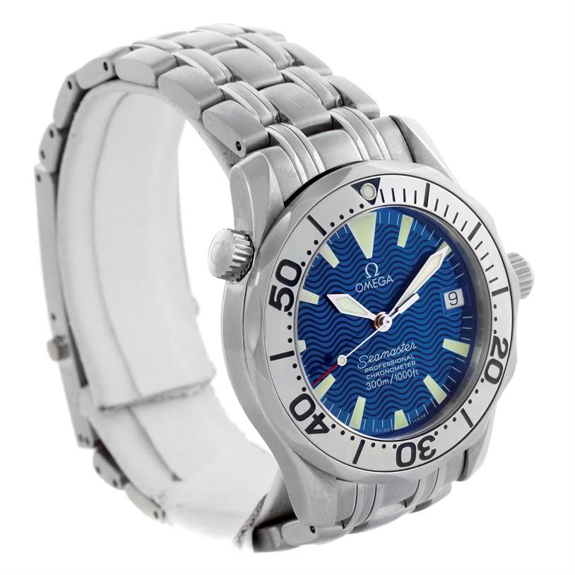 The Omega Seamaster 2053.80.00 Men
s Stainless Steel Blue Dial 2053.80.00 Men
s Stainless Steel Blue Dial watch is shown at a slight front-side angle, displaying the dial, bezel, and stainless steel bracelet.