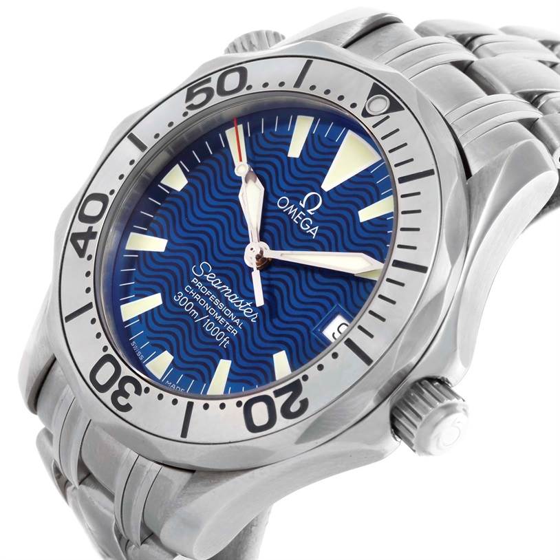 The image shows a close-up of an Omega Seamaster 2053.80.00 Men
s Stainless Steel Blue Dial 2053.80.00 Men
s Stainless Steel Blue Dial watch, displaying the face, dial, and part of the bracelet at an oblique angle.
