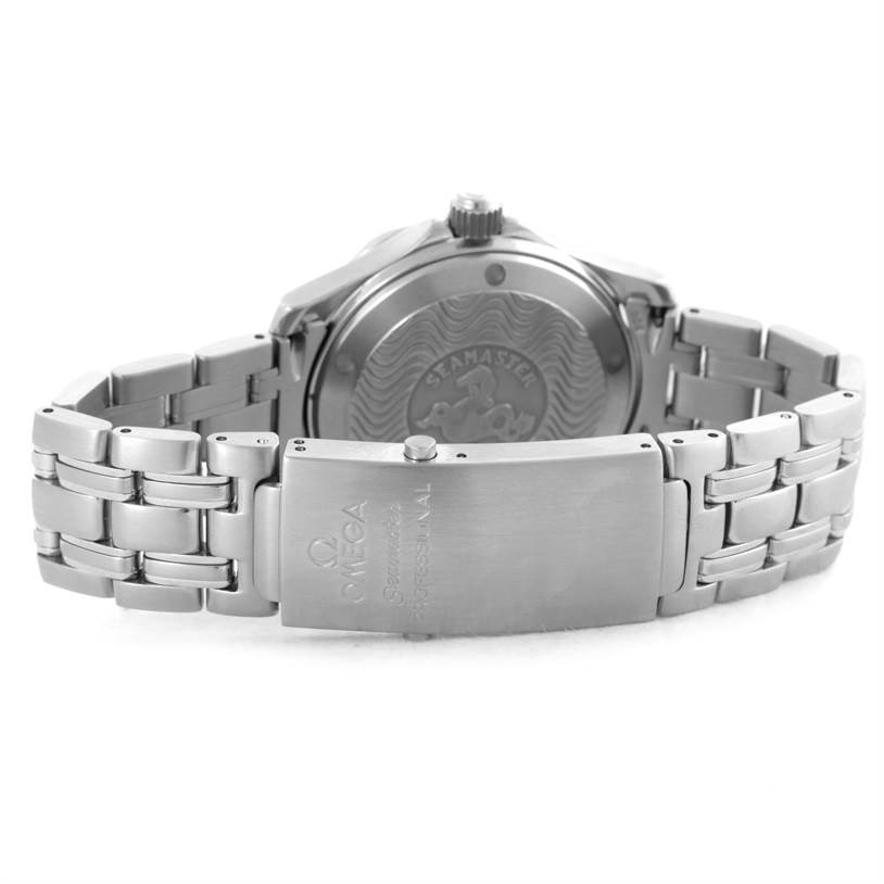 The image shows the back view of an Omega Seamaster 2053.80.00 Men
s Stainless Steel Blue Dial 2053.80.00 Men
s Stainless Steel Blue Dial watch, focusing on the case back and bracelet with clasp.