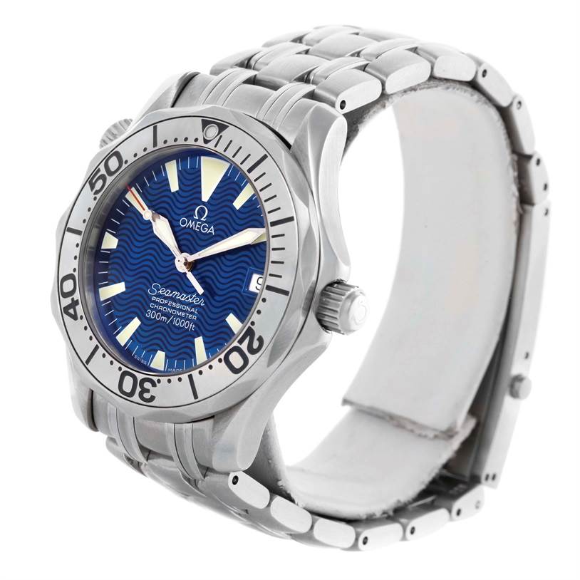 The image displays an Omega Seamaster 2053.80.00 Men
s Stainless Steel Blue Dial 2053.80.00 Men
s Stainless Steel Blue Dial watch at a three-quarter angle, showcasing its face, bezel, crown, and bracelet.