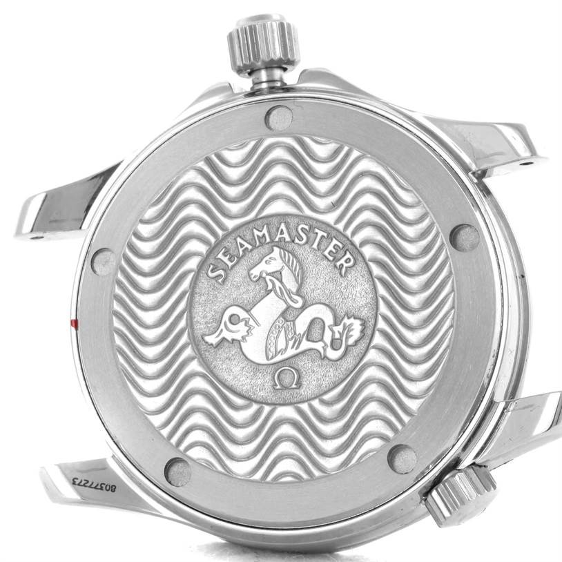 The image shows the backside of an Omega Seamaster 2053.80.00 Men
s Stainless Steel Blue Dial 2053.80.00 Men
s Stainless Steel Blue Dial watch, highlighting the engraved logo and wave pattern on the case back.