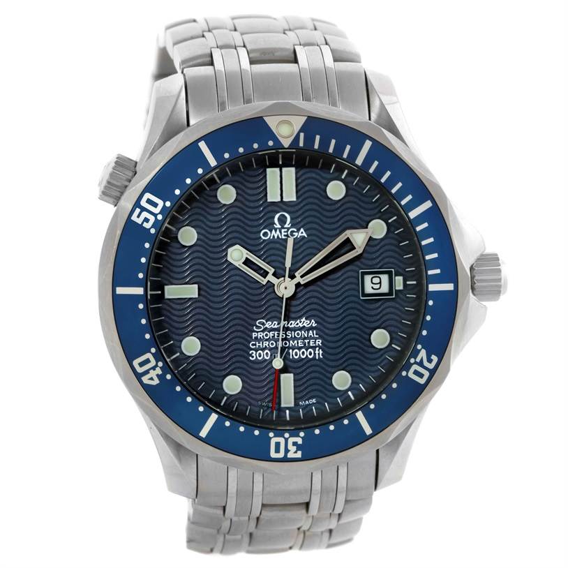 The Omega Seamaster 2531.80.00 Men
s Stainless Steel Blue Dial 2531.80.00 Men
s Stainless Steel Blue Dial watch is shown from a frontal angle, highlighting the dial, bezel, and stainless steel bracelet.