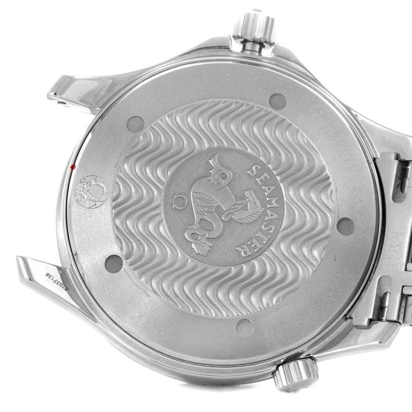 The image shows the back case of an Omega Seamaster 2531.80.00 Men
s Stainless Steel Blue Dial 2531.80.00 Men
s Stainless Steel Blue Dial watch, featuring the brand
s logo and intricate wave patterns.