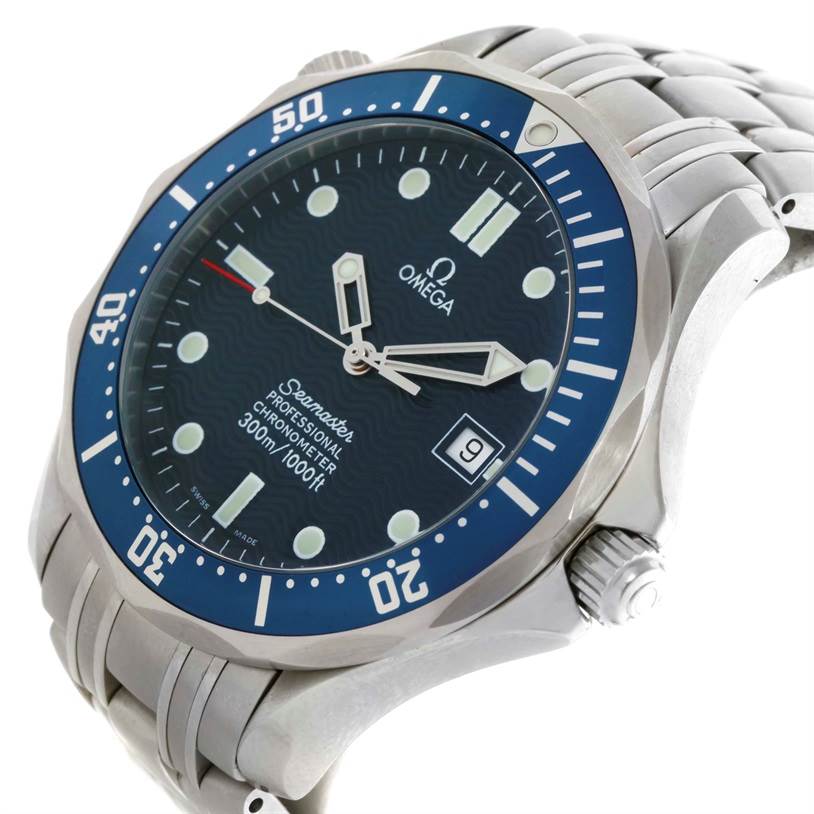 The Omega Seamaster 2531.80.00 Men
s Stainless Steel Blue Dial 2531.80.00 Men
s Stainless Steel Blue Dial watch is shown from an angle that highlights the face, bezel, crown, and part of the bracelet.