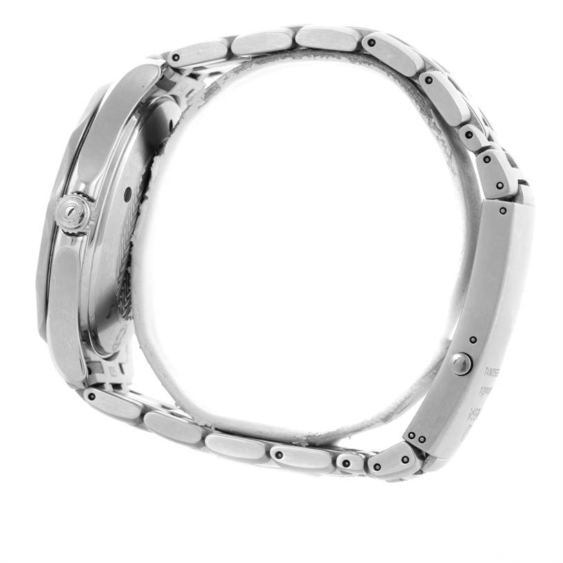 The image shows a side view of an Omega Seamaster 2531.80.00 Men
s Stainless Steel Blue Dial 2531.80.00 Men
s Stainless Steel Blue Dial watch, highlighting its case, crown, and metal bracelet.