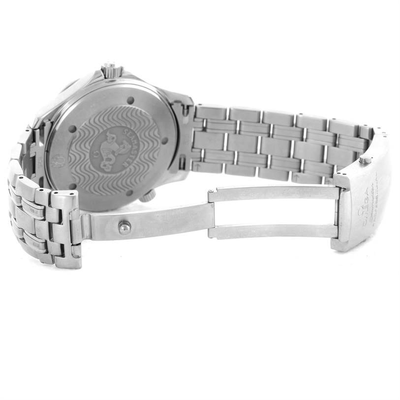 The image shows the open clasp and case back of an Omega Seamaster 2531.80.00 Men
s Stainless Steel Blue Dial 2531.80.00 Men
s Stainless Steel Blue Dial watch from a rear angle.