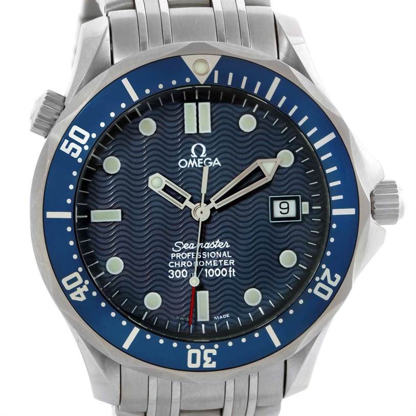 The Omega Seamaster 2531.80.00 Men
s Stainless Steel Blue Dial 2531.80.00 Men
s Stainless Steel Blue Dial watch is shown from a front angle, displaying the dial, bezel, hands, and part of the bracelet.