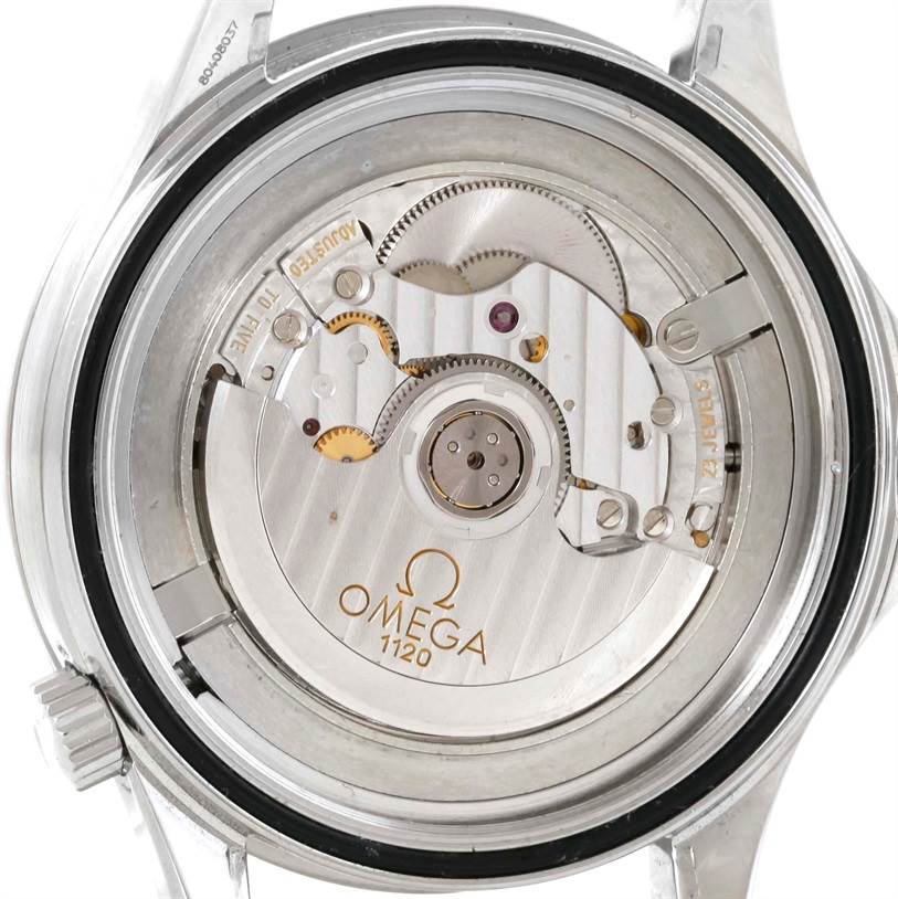 The image shows the back view of the Omega Seamaster 2537.80.00 Men
s Stainless Steel Blue Dial 2537.80.00 Men
s Stainless Steel Blue Dial watch, revealing its internal mechanical movement.