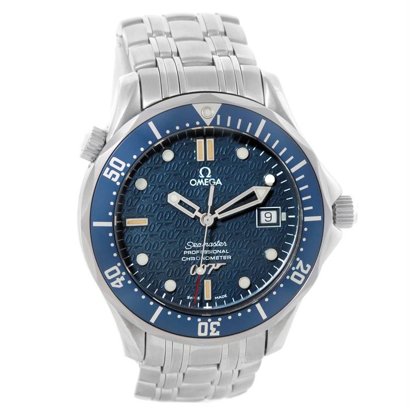 The image shows a front view of the Omega Seamaster 2537.80.00 Men
s Stainless Steel Blue Dial 2537.80.00 Men
s Stainless Steel Blue Dial watch, highlighting its blue dial, bezel, and metal bracelet.