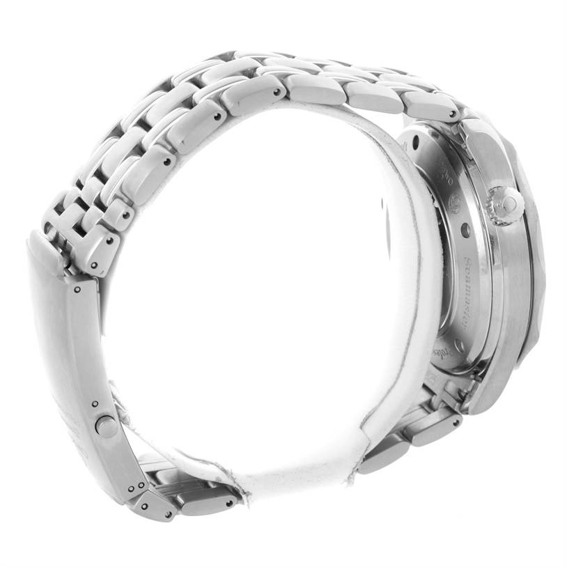 The image shows a side view of the Omega Seamaster 2535.80.00 Men
s Stainless Steel Blue Dial 2535.80.00 Men
s Stainless Steel Blue Dial watch, highlighting its metal bracelet and case back.