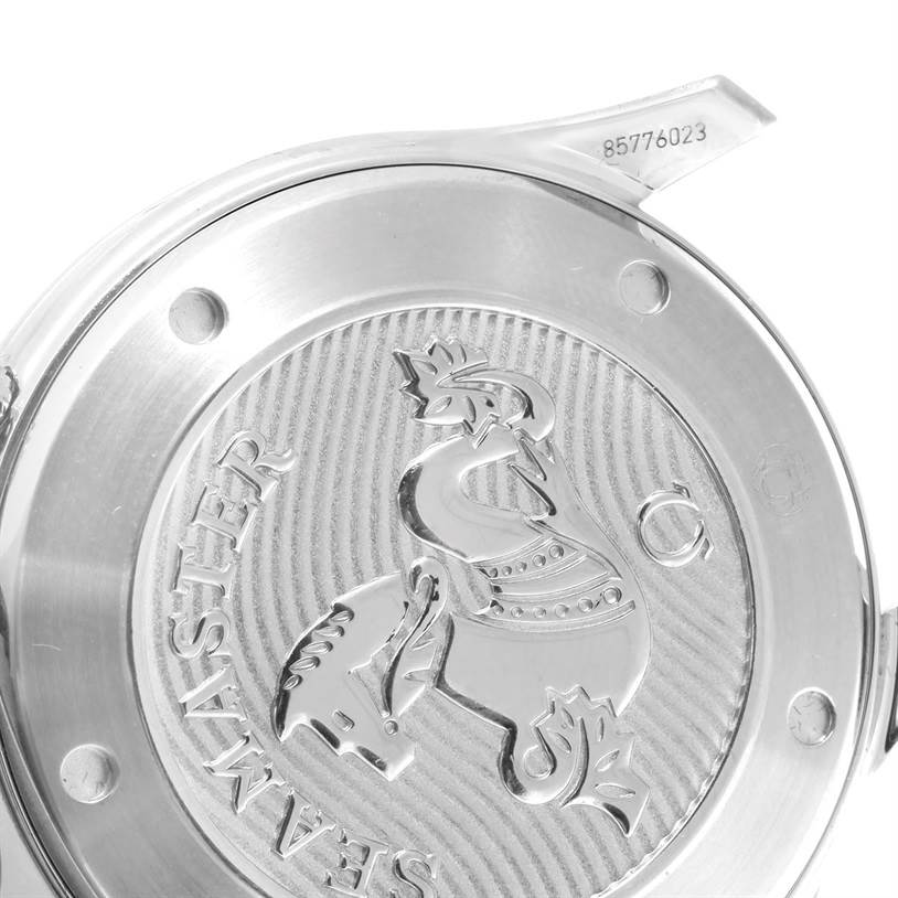 The image shows the case back of the Omega Seamaster 212.30.41.20.03.001 Men
s Stainless Steel Blue Dial 212.30.41.20.03.001 Men
s Stainless Steel Blue Dial watch featuring an engraved design.