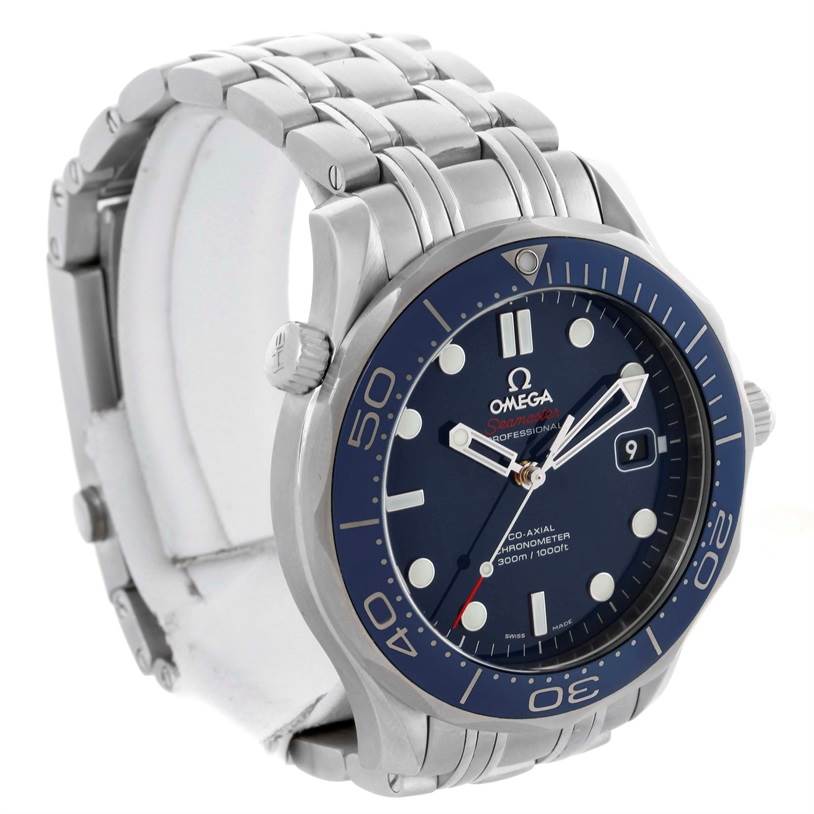 The Omega Seamaster 212.30.41.20.03.001 Men
s Stainless Steel Blue Dial 212.30.41.20.03.001 Men
s Stainless Steel Blue Dial watch is shown at an angle emphasizing its bracelet, bezel, dial, and crown.