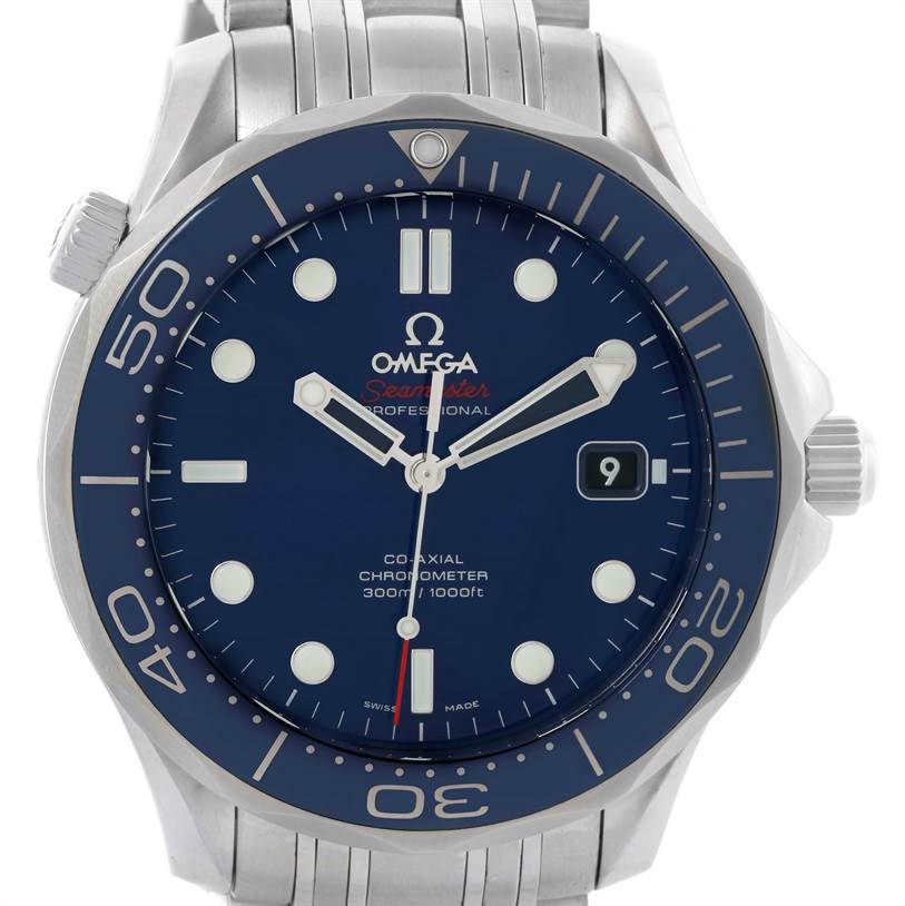 This Omega Seamaster 212.30.41.20.03.001 Men
s Stainless Steel Blue Dial 212.30.41.20.03.001 Men
s Stainless Steel Blue Dial watch is shown from a front angle, displaying the dial, hour markers, hands, bezel, and part of the bracelet.