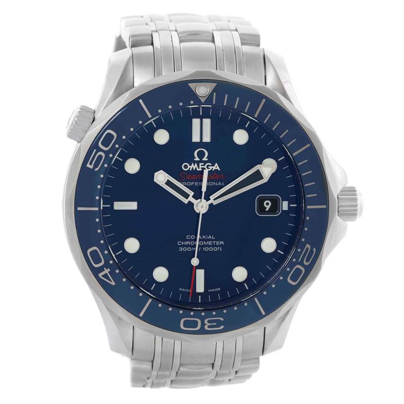 The Omega Seamaster 212.30.41.20.03.001 Men
s Stainless Steel Blue Dial 212.30.41.20.03.001 Men
s Stainless Steel Blue Dial watch is shown from a front view, highlighting its blue dial, bezel, hands, date window, and stainless steel bracelet.