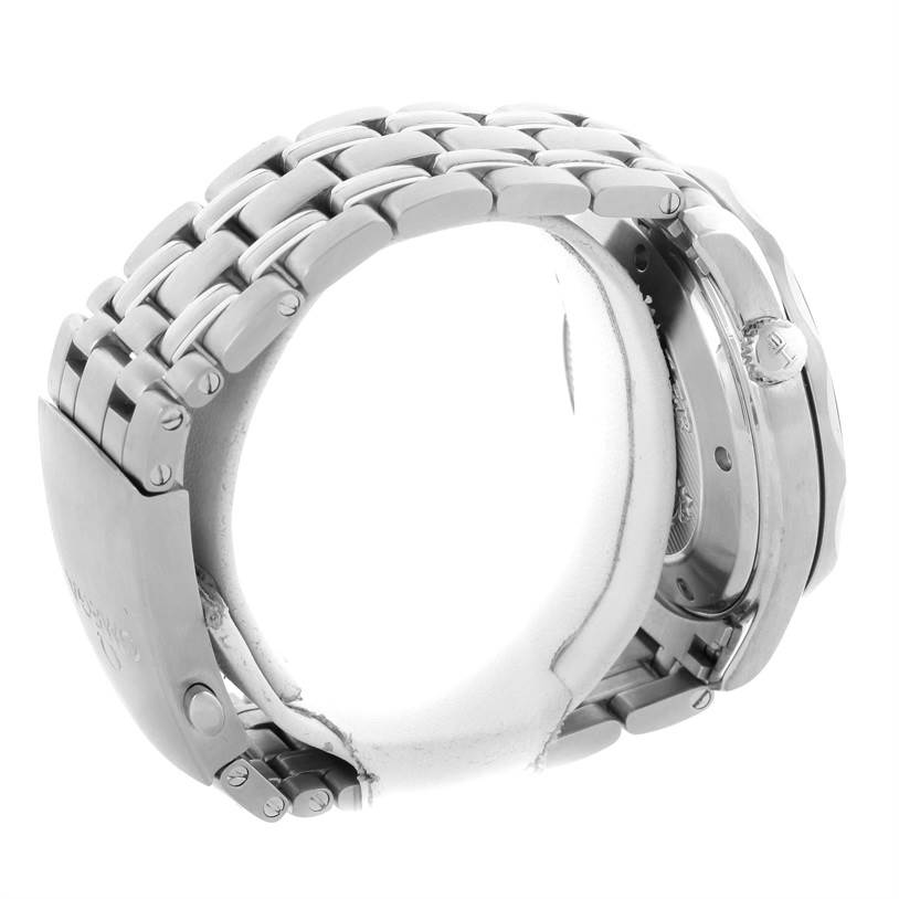 The image shows a profile view of an Omega Seamaster 212.30.41.20.03.001 Men
s Stainless Steel Blue Dial 212.30.41.20.03.001 Men
s Stainless Steel Blue Dial watch, highlighting its metal bracelet, clasp, and crown.