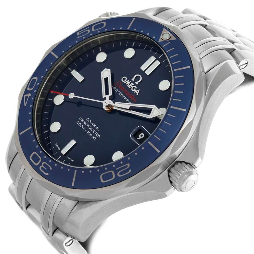 The image shows an angled close-up of the Omega Seamaster 212.30.41.20.03.001 Men
s Stainless Steel Blue Dial 212.30.41.20.03.001 Men
s Stainless Steel Blue Dial watch, highlighting the face, bezel, crown, and part of the bracelet.