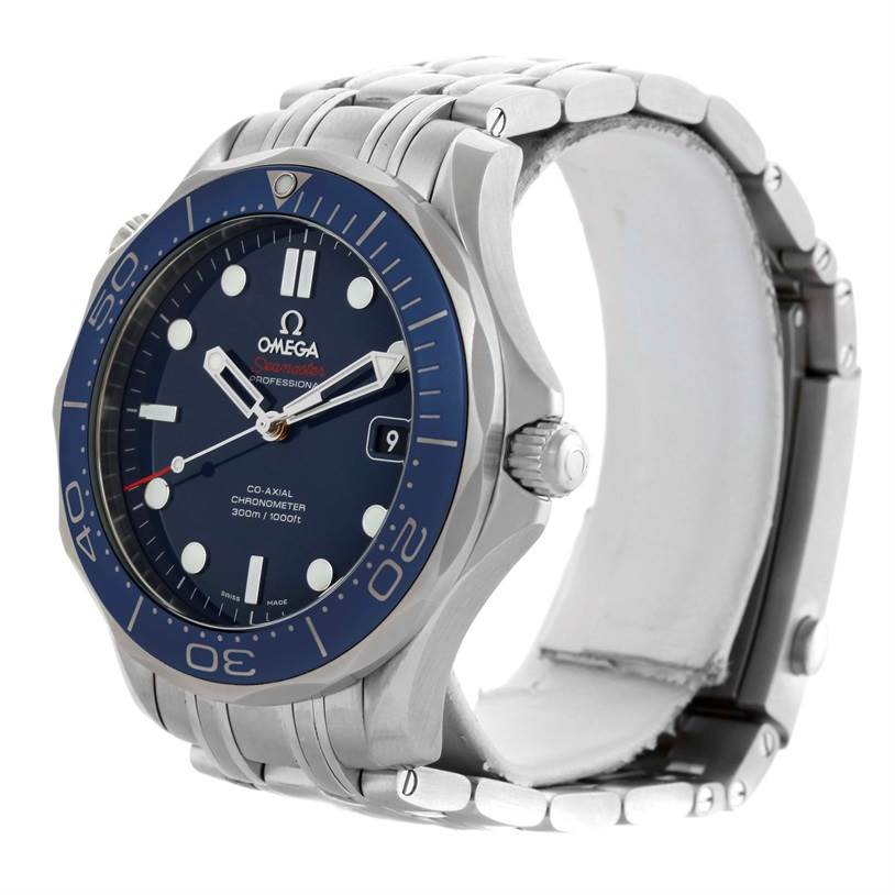 This is an angled side view of an Omega Seamaster 212.30.41.20.03.001 Men
s Stainless Steel Blue Dial 212.30.41.20.03.001 Men
s Stainless Steel Blue Dial watch, showing the bezel, dial, crown, and part of the bracelet.