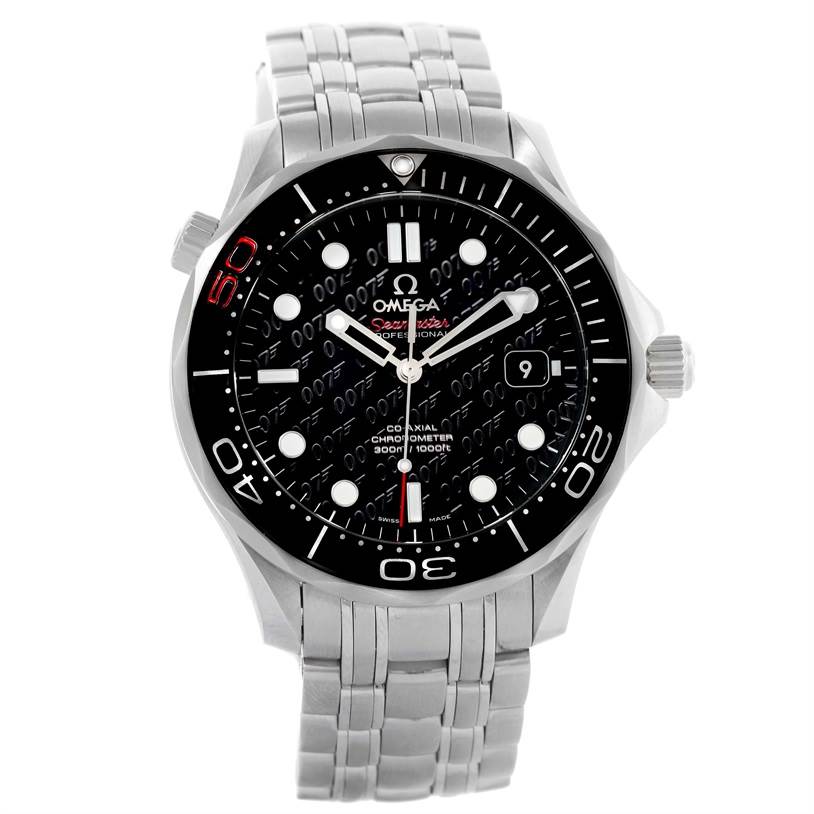 This Omega Seamaster 212.30.41.20.01.005 Men
s Stainless Steel Black Dial 212.30.41.20.01.005 Men
s Stainless Steel Black Dial watch is shown from a front angle, displaying its face, bezel, hands, date window, and bracelet.