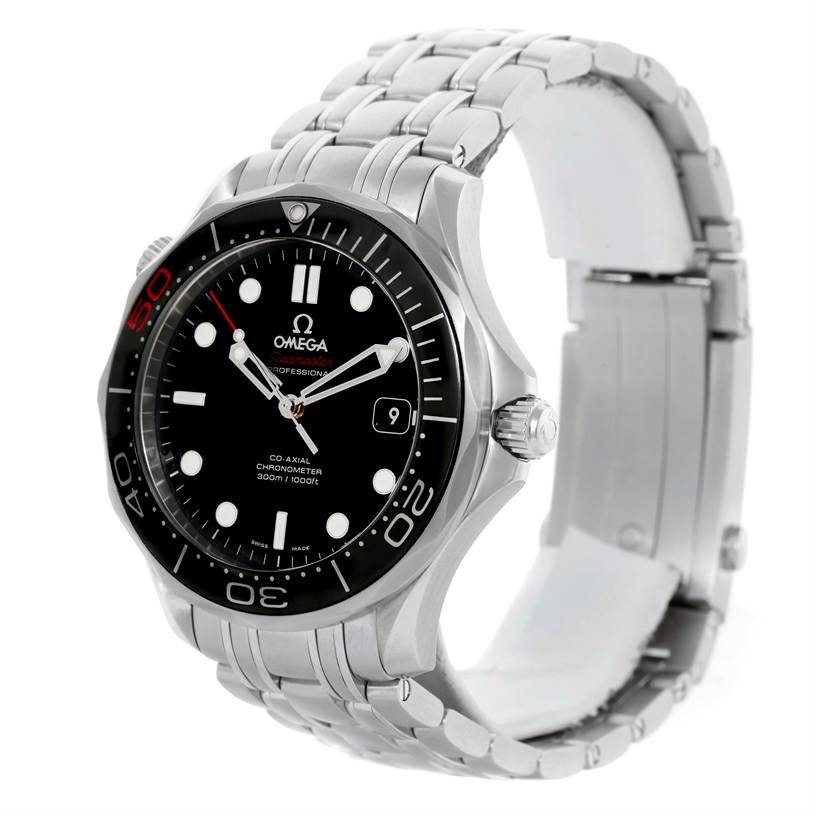 This image shows an Omega Seamaster 212.30.41.20.01.005 Men
s Stainless Steel Black Dial 212.30.41.20.01.005 Men
s Stainless Steel Black Dial watch from an angled view, highlighting the face, bezel, crown, and stainless steel bracelet.