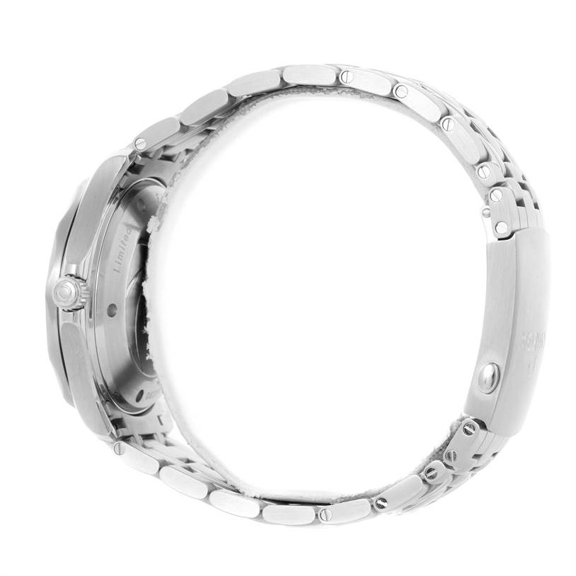 The image shows a side view of the Omega Seamaster 212.30.41.20.01.005 Men
s Stainless Steel Black Dial 212.30.41.20.01.005 Men
s Stainless Steel Black Dial watch, highlighting its bracelet, clasp, and case back.