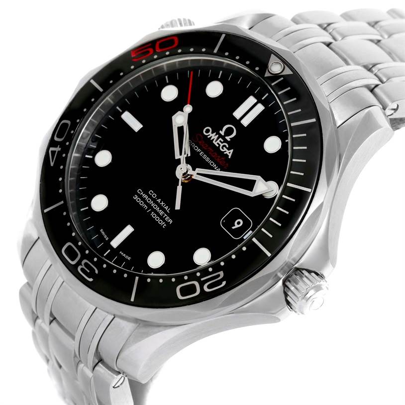 The image shows an angled view of the Omega Seamaster 212.30.41.20.01.005 Men
s Stainless Steel Black Dial 212.30.41.20.01.005 Men
s Stainless Steel Black Dial watch, highlighting the dial, bezel, crown, and part of the bracelet.