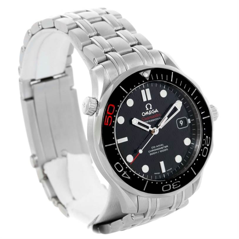 The Omega Seamaster 212.30.41.20.01.005 Men
s Stainless Steel Black Dial 212.30.41.20.01.005 Men
s Stainless Steel Black Dial watch is shown at a slight angle, displaying the face, bezel, bracelet, and crown.
