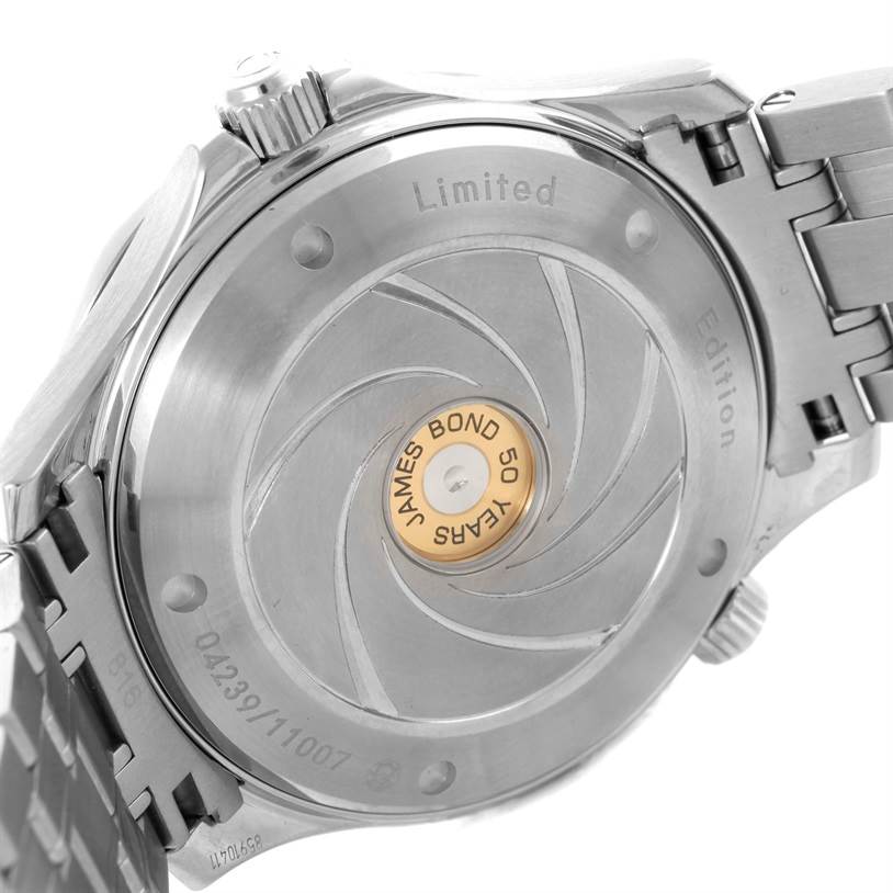 The image shows the back case of an Omega Seamaster 212.30.41.20.01.005 Men
s Stainless Steel Black Dial 212.30.41.20.01.005 Men
s Stainless Steel Black Dial watch, specifically the "James Bond 50 Years" limited edition.