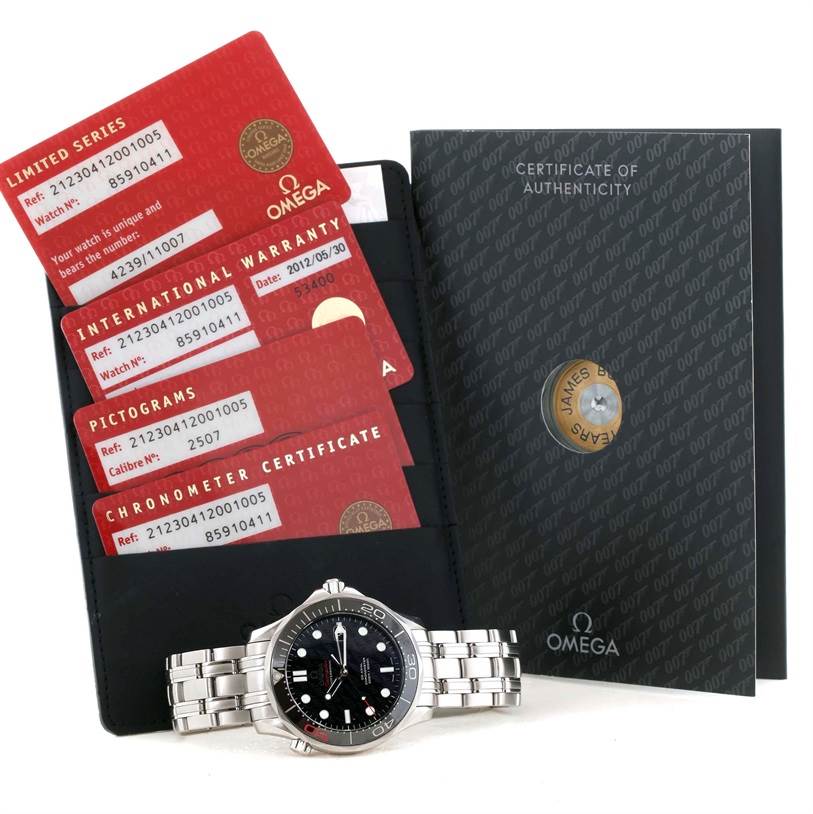 The image shows an Omega Seamaster 212.30.41.20.01.005 Men
s Stainless Steel Black Dial 212.30.41.20.01.005 Men
s Stainless Steel Black Dial watch with its warranty cards and certificate of Best Quality
ity.