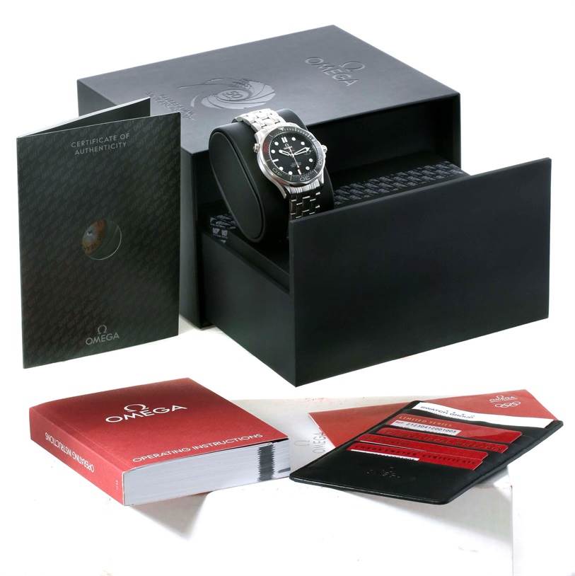 The image shows an Omega Seamaster 212.30.41.20.01.005 Men
s Stainless Steel Black Dial 212.30.41.20.01.005 Men
s Stainless Steel Black Dial watch, its open box, a certificate of Best Quality
ity, an operating manual, and cardholder.