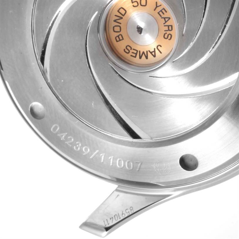 This image shows a close-up of the case back of the Omega Seamaster 212.30.41.20.01.005 Men
s Stainless Steel Black Dial 212.30.41.20.01.005 Men
s Stainless Steel Black Dial James Bond 50 Years edition, highlighting its engraved details.