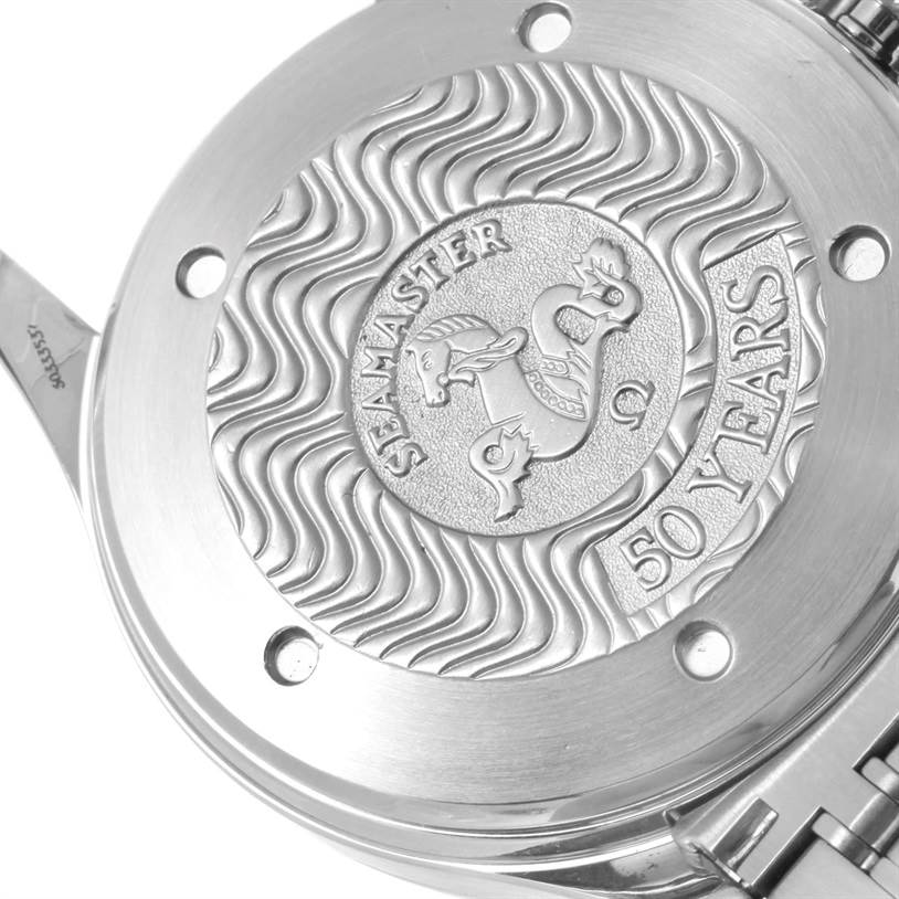 This image shows the case back of the Omega Seamaster 2534.50.00 Men's Stainless Steel Black Dial 2534.50.00 Men's Stainless Steel Black Dial watch, featuring the "50 Years" engraving.