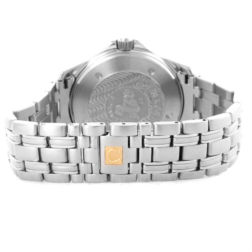 This image shows the back view of an Omega Seamaster 2534.50.00 Men's Stainless Steel Black Dial 2534.50.00 Men's Stainless Steel Black Dial watch, focusing on the bracelet and case back.