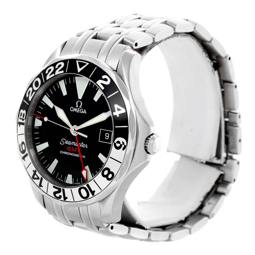 The Omega Seamaster 2534.50.00 Men's Stainless Steel Black Dial 2534.50.00 Men's Stainless Steel Black Dial watch is shown at an angle highlighting its face, bezel, crown, and bracelet.