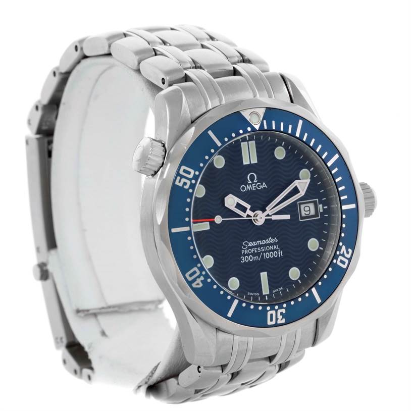 This image shows an Omega Seamaster 2561.80.00 Men
s Stainless Steel Blue Dial 2561.80.00 Men
s Stainless Steel Blue Dial watch from a three-quarter angle, highlighting the face, bezel, and bracelet.